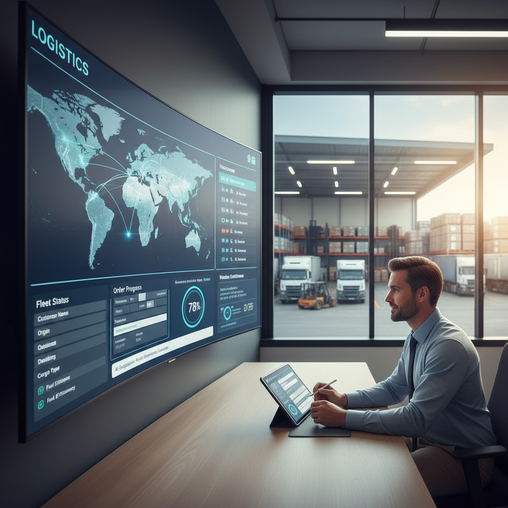 A modern, clean office environment in a logistics company. A dispatcher or operations manager is looking at a large digital screen displaying a dashboard with real-time logistics data (fleet status, order progress, routes). On their desk, a tablet or laptop shows an AI-powered interface for order entry, with data fields being automatically populated. The person has a focused but relaxed expression, indicating efficiency and control. The background could show a subtle blur of a warehouse or truck yard through a window, connecting the office work to the physical logistics. The color palette is professional, with natural light and hints of technology blue.