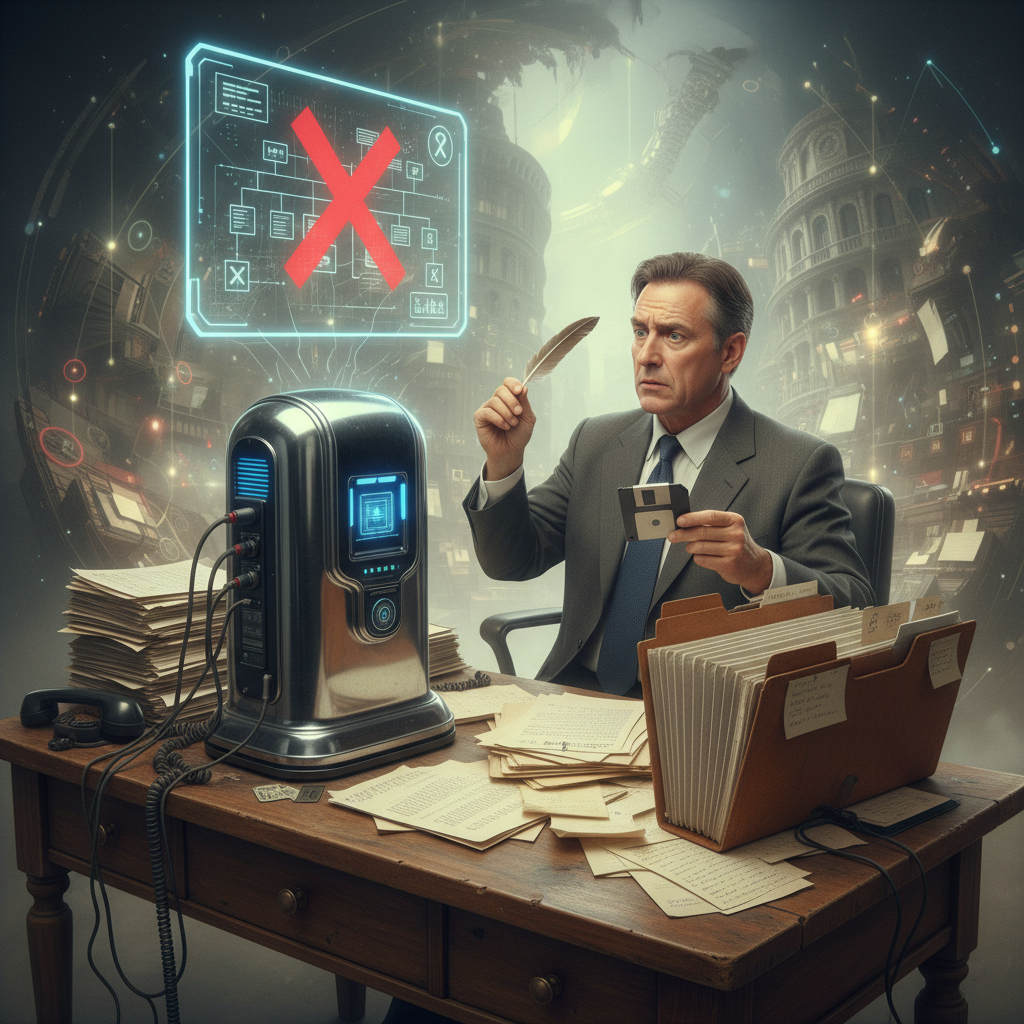 Ein Bild, das die Diskrepanz zwischen moderner Technologie und veralteten Geschäftsprozessen symbolisiert. Eine glänzende, futuristische Maschine steht auf einem Tisch, daneben liegen vergilbte Papierstapel und altmodische Ordner. Ein frustrierter Geschäftsmann blickt auf die Maschine, die er nicht in seine Arbeitsabläufe integrieren kann. Die Szene ist leicht surreal, um die Trennung zu verdeutlichen und die Herausforderung der Prozessintegration zu betonen.