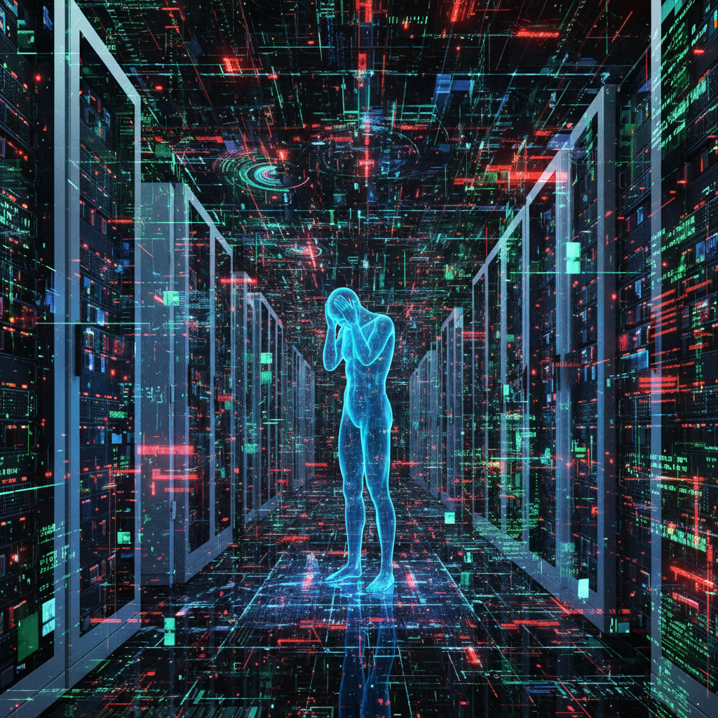 A visually complex and slightly overwhelming digital landscape. Abstract data streams and glowing lines crisscross, forming a maze. In the center, a digital representation of a human figure is looking lost and frustrated amidst a forest of server racks and blinking lights, symbolizing the human element being overwhelmed by technology. The colors are vibrant but also convey a sense of disorder, with conflicting hues of neon green, electric blue, and angry red, highlighting the chaotic nature of unmanaged digital transformation.