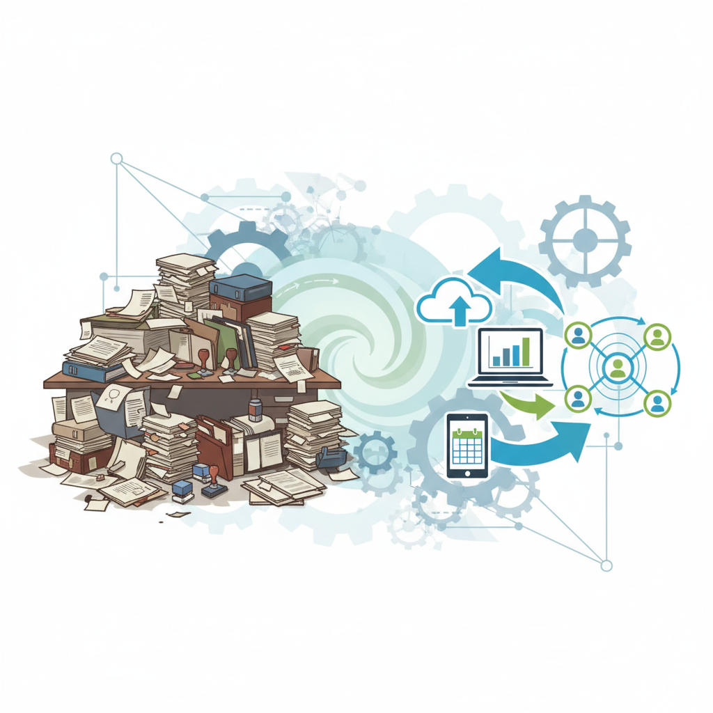 A stylized infographic showing the transformation from chaotic paper-based workflows to streamlined digital processes. On the left, a cluttered desk with loose papers, stamps, and overflowing folders represents the 'before' state. On the right, clean, interconnected digital icons (cloud, laptop, tablet, network symbols) with smooth arrows illustrate an efficient 'after' state. A subtle transition zone in the middle. The background features abstract gears and network lines, emphasizing efficiency and connectivity. Modern, professional color palette with blues, greens, and grays. No text overlays.