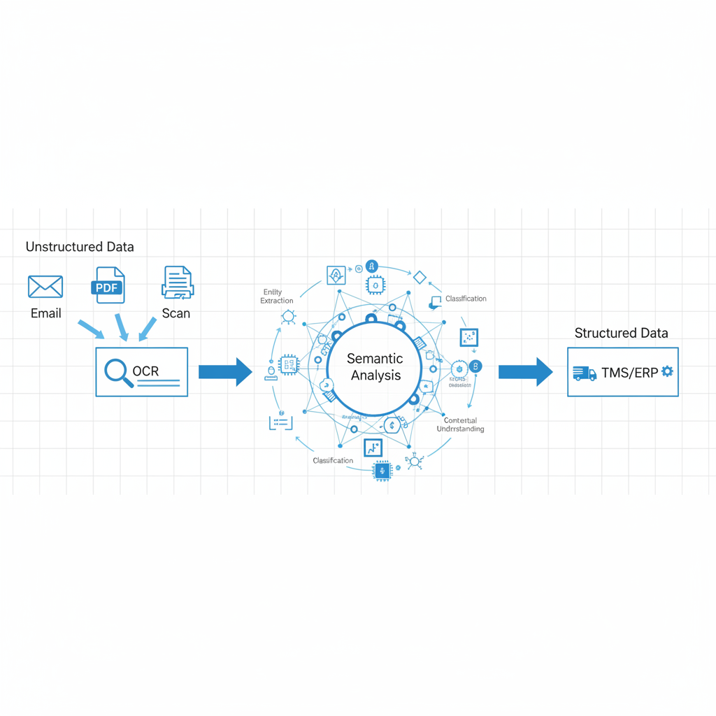 A schematic diagram illustrating the data flow from various unstructured document types (email, PDF, scan) through a smaller OCR component to a larger, complex AI component (symbolized by neural networks and logical connections). The endpoint is a clean, structured data package transferred to a TMS/ERP system. Arrows indicate the flow. Labels include 'Unstructured Data', 'OCR', 'Semantic Analysis', 'Structured Data', 'TMS/ERP'. The style is clean, technical, and professional, using a blue and grey color palette.