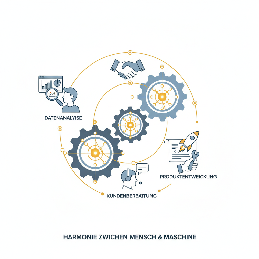 Eine detaillierte Infografik-Stil Illustration, die einen fließenden Workflow zeigt. Ein Zahnrad-System, in dem KI-Elemente (leuchtende Knotenpunkte) perfekt in menschliche Arbeitsstationen greifen. Man sieht stilisierte Icons für Datenanalyse, Kundenberatung und Produktentwicklung, die durch goldene Lichtlinien verbunden sind. Klarer, weißer Hintergrund, minimalistisch und modern, Fokus auf Harmonie zwischen Mensch und Maschine.